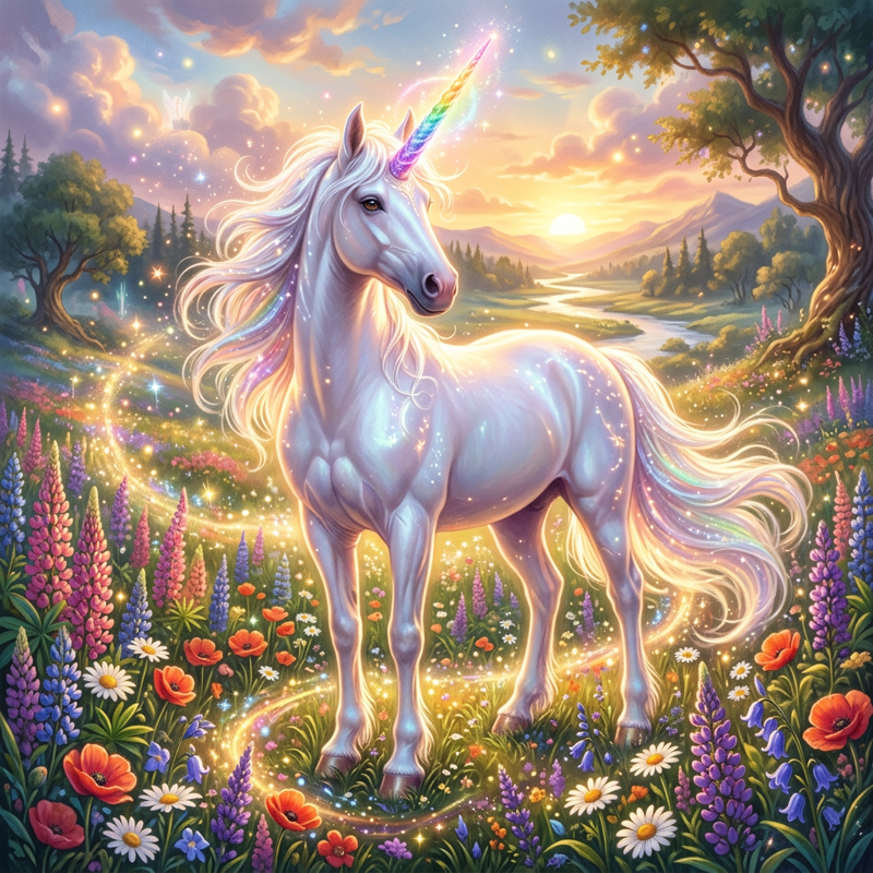 A beautiful white unicorn with a shimmering rainbow horn and a flowing white mane standing in a field of colorful flowers, surrounded by sparkles and a glowing magical aura in a fantasy art style.