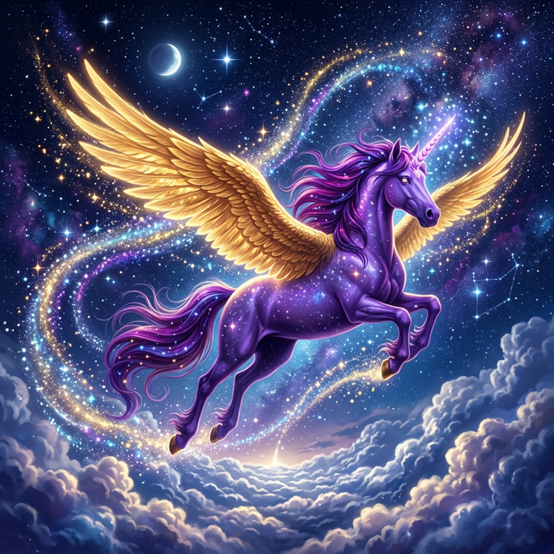 A majestic purple unicorn with golden wings soars through clouds and stars against a night sky, leaving trails of magical sparkles in a high-quality fantasy art style.