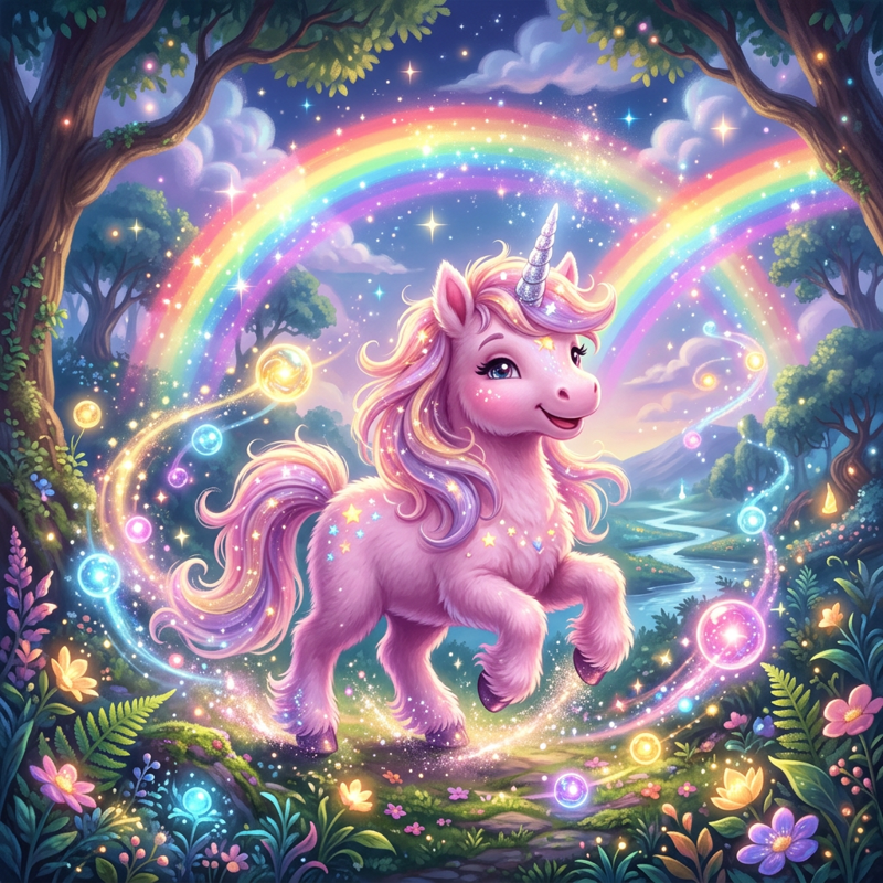 An adorable pink unicorn with a silver horn surrounded by rainbows and glowing magical orbs, radiating joy and wonder in a cute, high-quality fantasy art style.